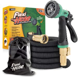Flexi Hose Plus Expandable Garden Hose with 8 Function Nozzle, 25FT  Lightweight Retractable Garden Hose, Water Hose  NoKink Flexibility, 3/4 Inch Solid Brass Fittings Includes Hook & Bag