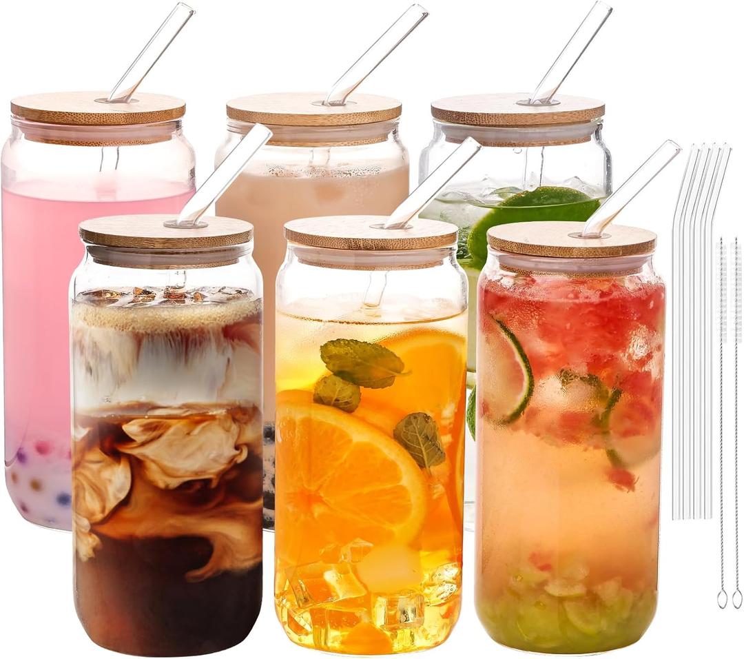 YUNCANG 6 Pack Bamboo Lid Glass Drinking Glasses with Glass Straw - 20-ounce Can Shaped Glassware for Beer, Iced Coffee, Cocktails, Whiskey, and More, Perfect for Cocktails, Whiskey, and Gifting