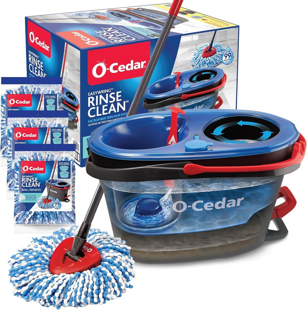 O-Cedar EasyWring RinseClean Microfiber Spin Mop & Bucket Floor Cleaning System with 3 Extra Refills, Plastic, Grey (Rinseclean Spin Mop & Bucket + 3 Extra Refills)