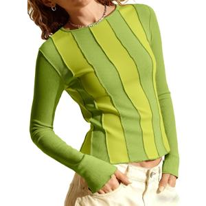 Tankaneo Womens Fitted Long Sleeve Shirts Ribbed Knit Going Out Tops Y2k Trendy Casual Crew Neck Tees Shirts (Small, Light Green)