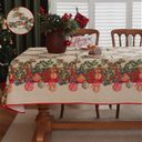 Christmas Tablecloth Rectangle 60x120 Inch Red Holly Berry Ornament Ball Waterproof Durable Vintage Santa Table Cloth, Xmas Table Cover for Holiday, Winter, Farmhouse Party, Beige