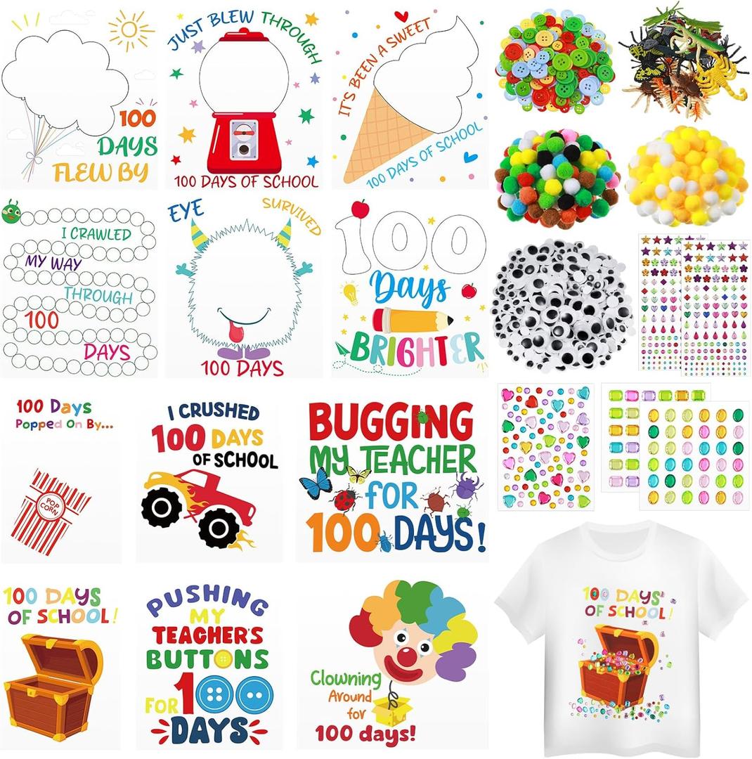 Marspark 12 Sets 100th Day of School Iron on Transfer Decals, Heat Transfer Patches DIY Craft Kit, Pompoms Buttons Wiggle Eyes Gem Popcorn Gum Machine Stickers for Party School Clothing T-Shirt Bag