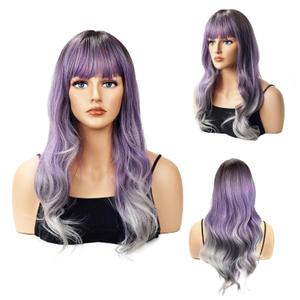 24-Inch Purple Grey Ombre Wavy Synthetic Wig with Bangs - Heat Resistant, Natural Look, Dark to Light Gradient, Daily Use & Party Hair for Women