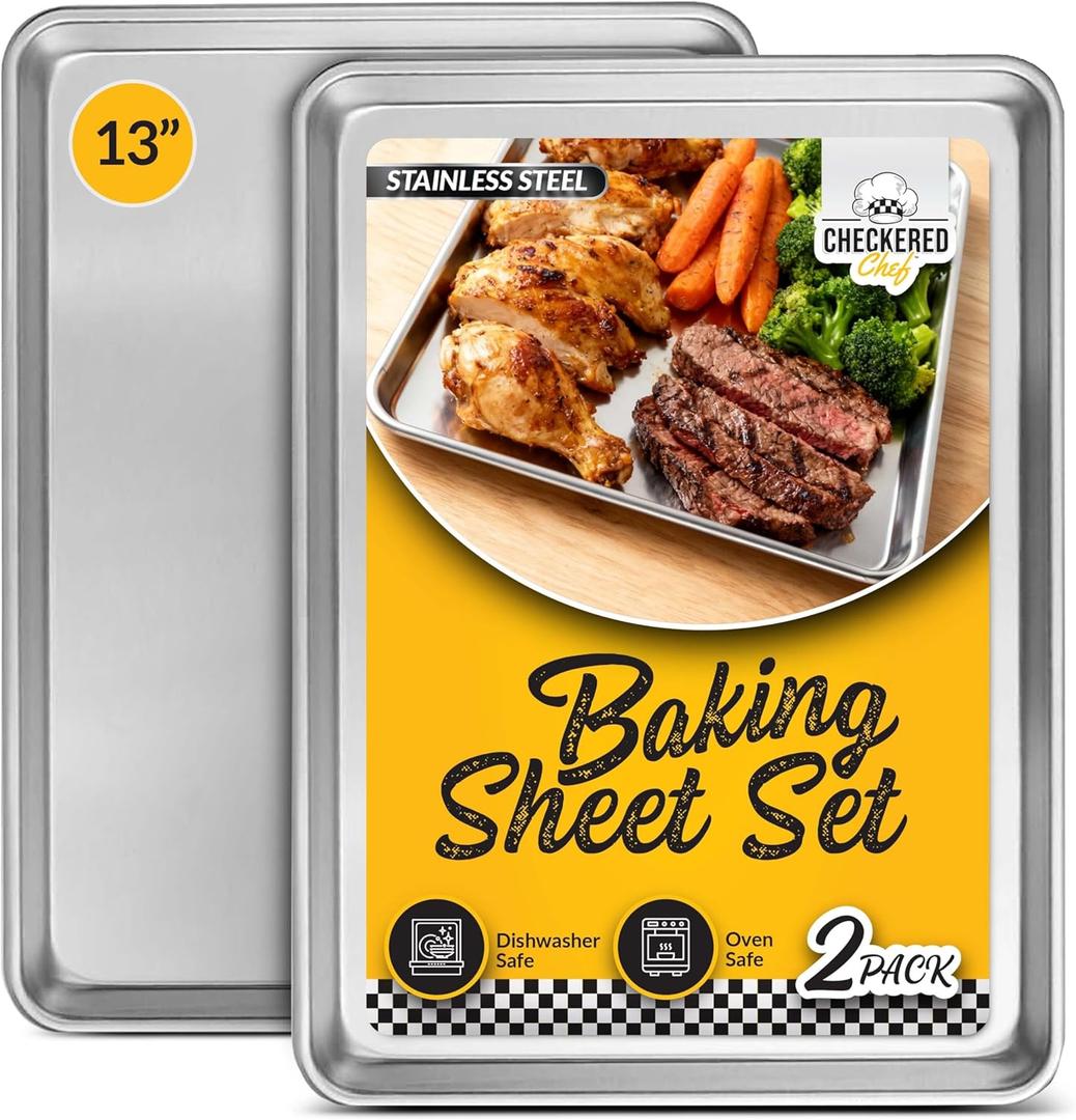 Checkered Chef Baking Sheet Set - 13" x 9.5" Stainless Steel Quarter Pans for Baking and Cooking (2 Pack)