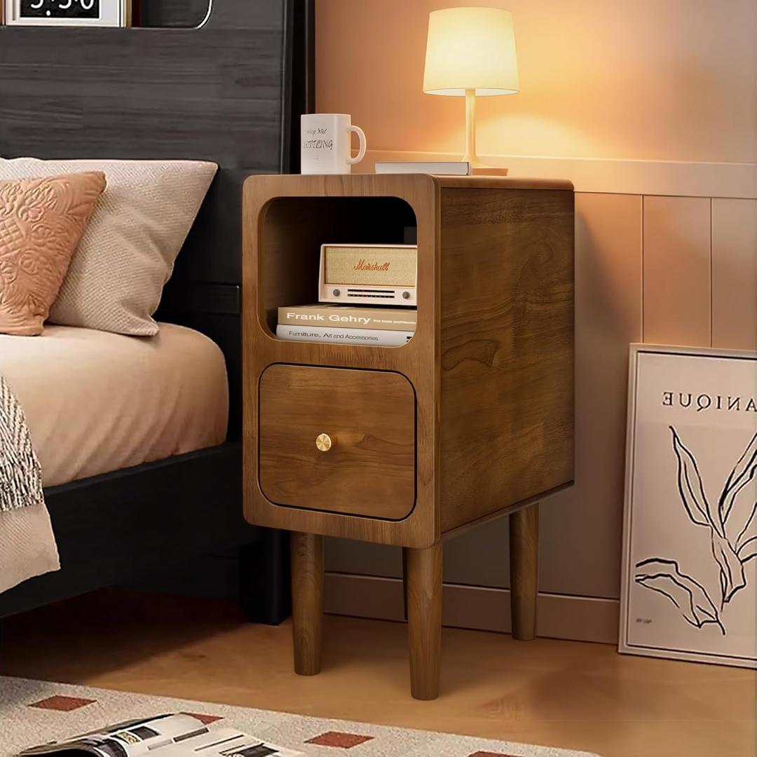 Wood Nightstand, Narrow Side Table with Drawer, Mid Century Modern Nightstand with Opening Storage for Living Room, Bedroom and Small Spaces, Walnut Color