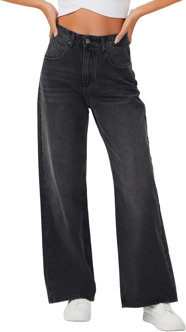 Genleck Baggy Jeans for Woman High Waisted Loose Wide Leg Jean Womens Boyfriend Y2K Pants Trendy (Black Gray, Size 14)