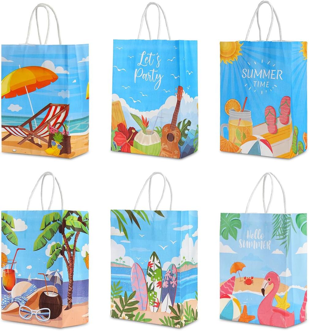 NQEUEPN 24pcs Beach Party Paper Bags, Summer Goodie Gift Bags Pool Party Snack Favor Bags Beach Candy Treat Bags for Kids Boys Girls Hawaiian Luau Summer Party Favors Supplies