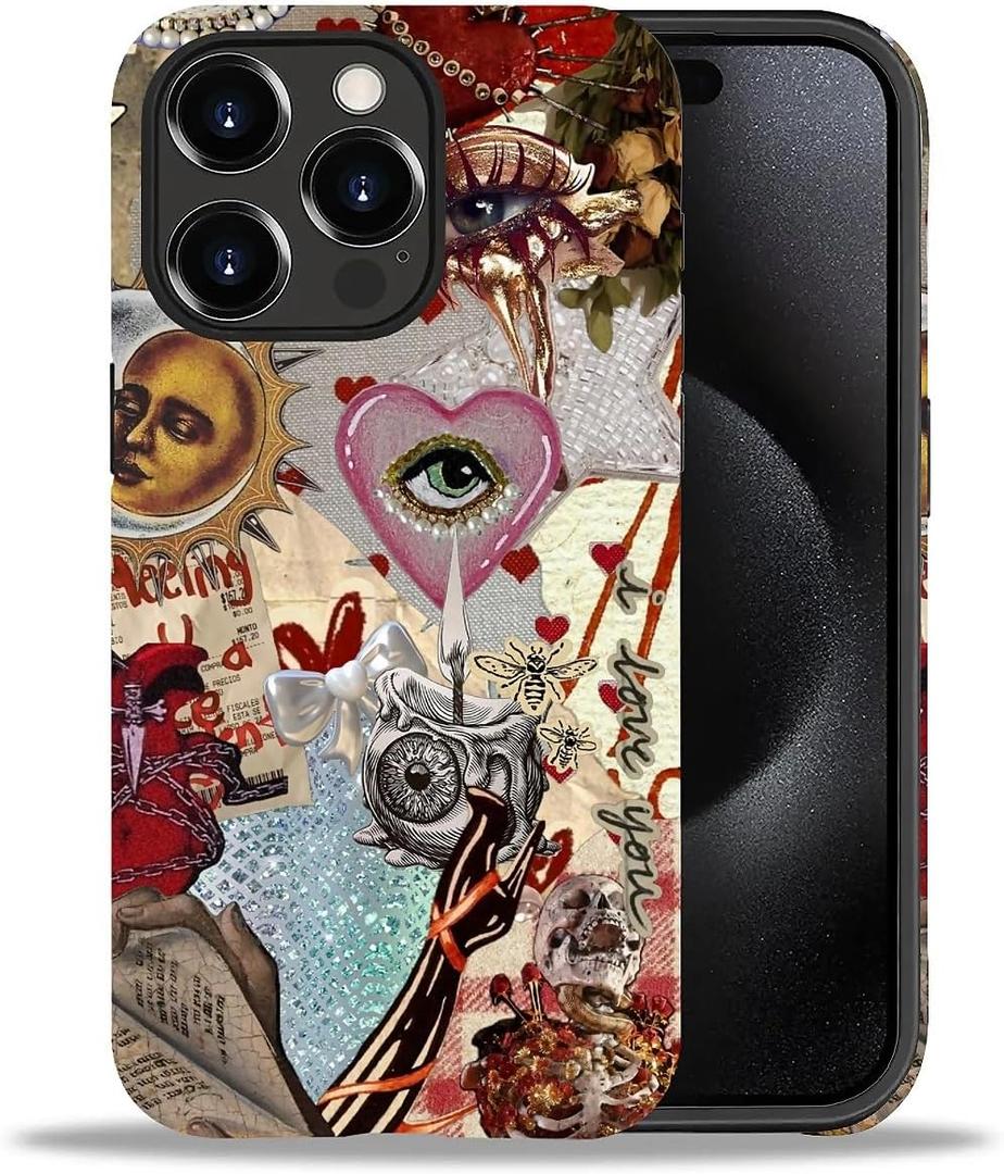 DAIZAG Compatible with iPhone 15 Pro Case,Mosaic Glass Tiles Eyes Full Pattern Plastic Soft TPU Hybrid Hard Shell + Silicone Bumper Protection Case