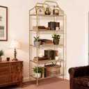 BEGINS 5 Tier Vintage Gold Bookshelf with Glass Shelves, Freestanding Tall Bookcase Display Rack with Hammered Texture Finish for Bedroom, Living Room, Home Office, Study, Entryway, Home Decor