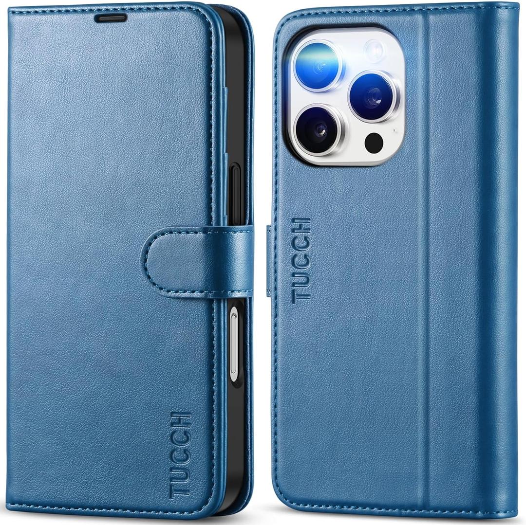 TUCCH Wallet Case for iPhone 16 Pro, Magnetic PU Leather Stand Flip Cover with 4 Card Slots [TPU Shockproof Interior Case] [RFID Blocking] Folio Compatible with iPhone 16 Pro 5G, Light Blue