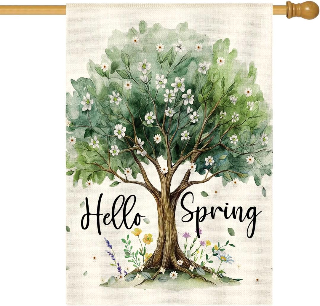 AVOIN colorlife Hello Spring House Flag 28x40 Inch Double Sided Outside, Seasonal Floral Tree Rustic Yard Outdoor Flag