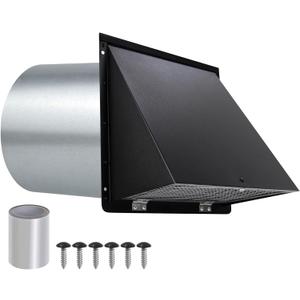 6 Inch Hooded Wall Vent with Screen and Damper,6 Inch Wall Exhaust Vent Cover Dryer Ventilation Cap Exterior for Kitchen Range Hood Air Exhaust, External Extractor w/Non Return Flap, Galvanized Steel (Black)