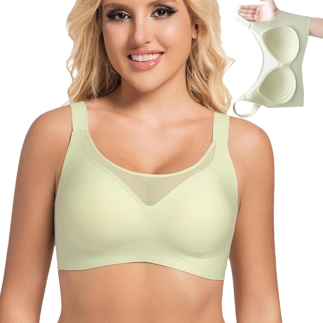 PRETTYWELL Wireless Bras for Women Molded Cup Comfort Push up Bra Mesh Seamless Full Coverage No Underwire Bra A to D Cup (M)