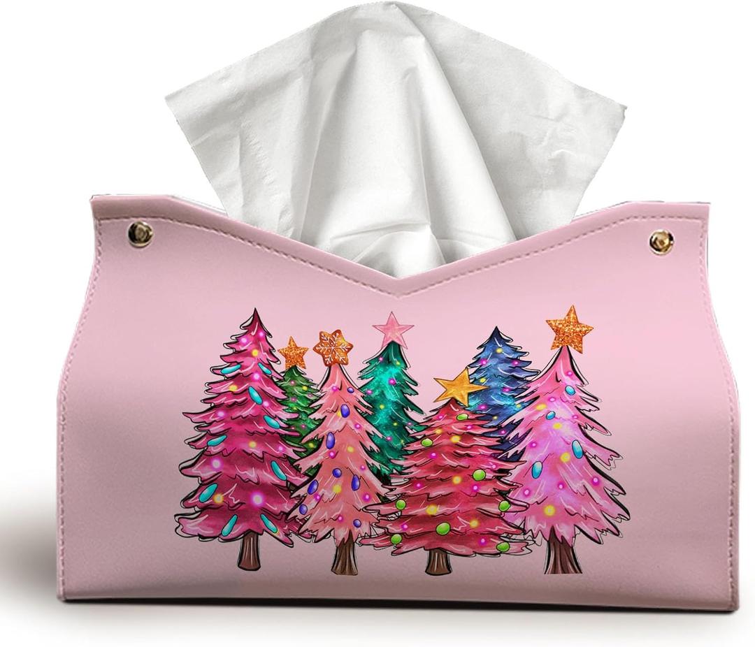 Pink Christmas Tissue Box Cover Rectangle, Merry Christmas Trees Tissue Box Holder, Winter Holiday PU Leather Tissue Covers Decorative for Home Office Kitchen Xmas Gifts for Women Girls 9.8x5.9x5.9