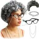 Vibe Old Lady wig Costume Set, Gray Hair Granny Wig with pearl necklace, glasses, glass chain Accessories, 5 pieces total (Gray Curly)