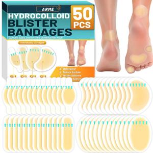 Arme Hydrocolloid Bandages, 50Pcs Gel Blister Bandages for Feet, Waterproof Blister Pads Blister Cushions for Prevention & Recovery, Blister Bandaids for Heel Foot Toe Protection(4 Shape Variety Pack)