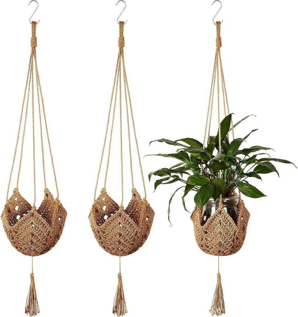Shappy 3 Pack Jute Crochet Long Plant Hanger for 3 Inch to 12 Inch Pots, Macrame Plant Holder Rope with S Shaped Hooks for Halloween Home Decor (Brown)