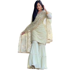 Beautiful Chinnon Punjabi Style Sharara Suit For Women Ready To Wear Salwar Kameez With Dupatta (Small, Green)