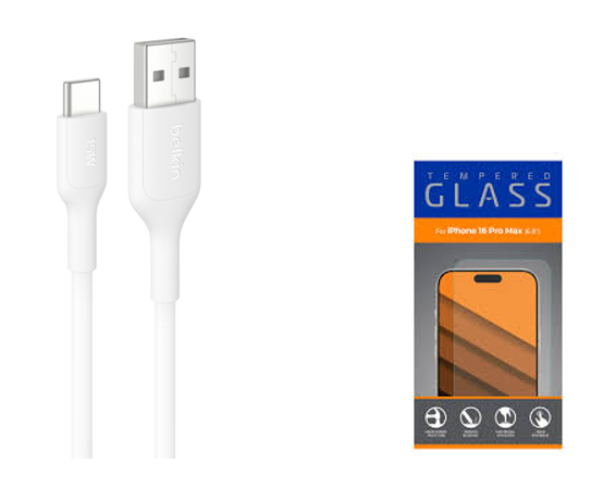 ZGEAR iPhone 16 Pro Max Temp Glass and Belkin USB A to USB C Cable, 3.3ft, 15W - Type C Charger, iPhone Charger Cord for iPhone 16 & 15, Galaxy S25, Pixel 9, iPad Pro, Airpods Pro, Switch, CarPlay & More - White