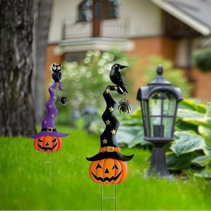 2 Pack Halloween Garden Decorations, Metal Jack-O-Lantern Stakes with Witch Hats, Scary Yard Sign Outdoor Lawn Decor, Metal Pumpkin Outdoor Halloween Yard Signs
