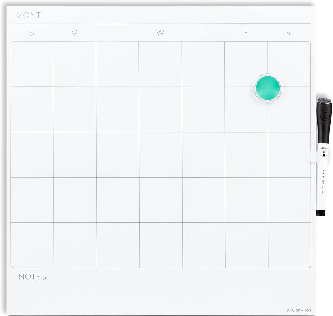 U Brands Square Magnetic Dry Erase Calendar White Board, 14" x 14", Frameless, Includes Marker and Magnet