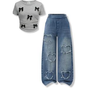 Size 13-14 Years Girls 2 Piece Outfits Bow Short-Sleeved Top and Jeans Pants Clothing Set