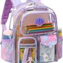 Clear Backpack for Girls - 15 Inch Heavy Duty Transparent Kids Backpacks for School, PVC Bookbag with 3 Front Pockets for Kids Aged 3 to 8, Purple Mermaid Scale