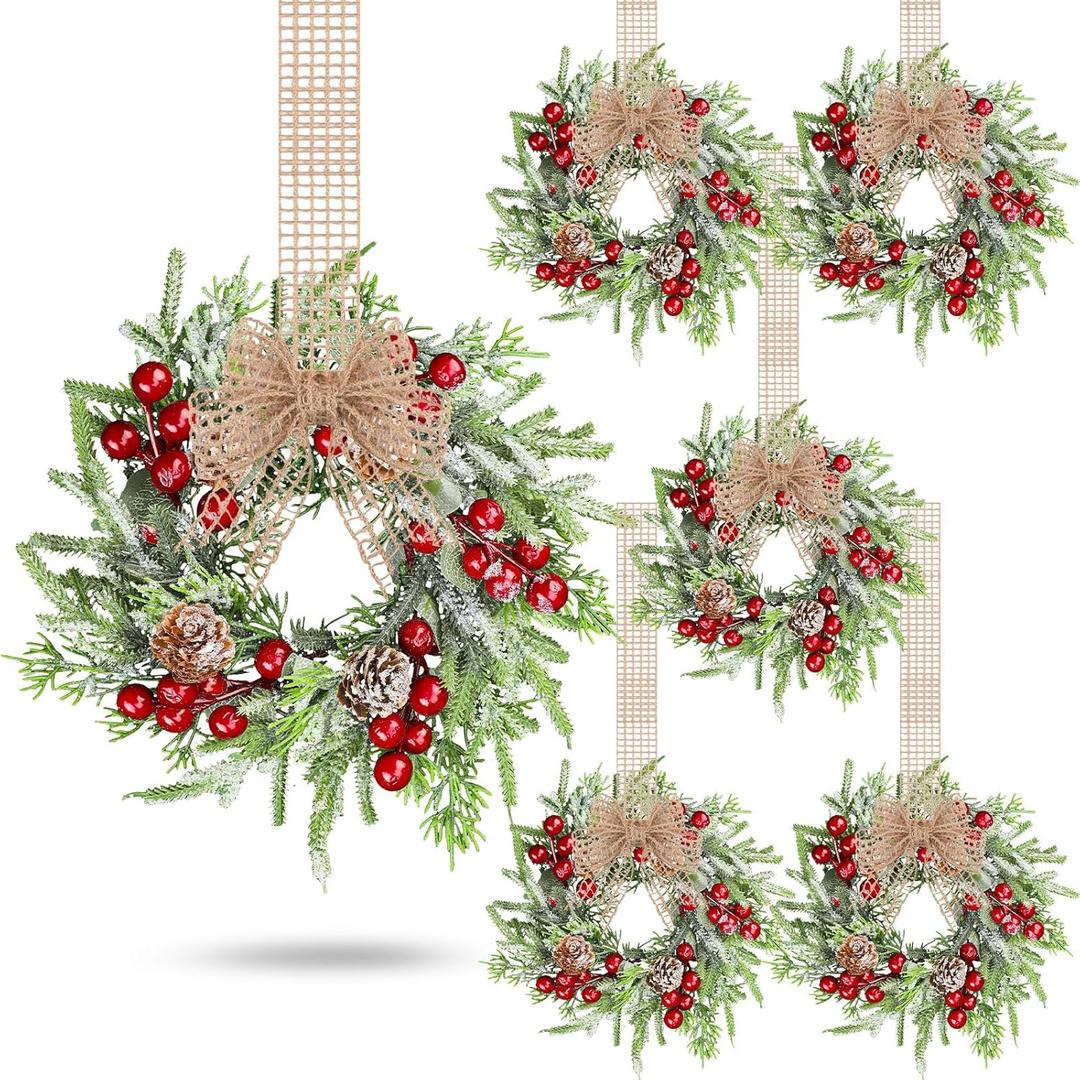 Zeyune 6 Set Christmas Wreaths Garland Kitchen Cabinet Wreath 9 Inch Mini Faux Windows with Burlap Ribbon Artificial Green Farmhouse for Front Door Porch Wall Decor(Eucalyptus)