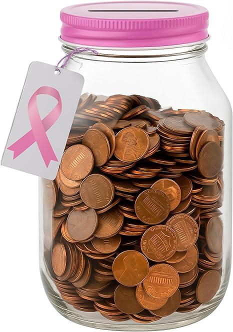Kitchentoolz Pink Lid Coin Jar for Donations – Large Mason Style Glass Tip Jar Holds Over $350 in Coins – Breast Cancer Fundraiser Bank – Made in USA