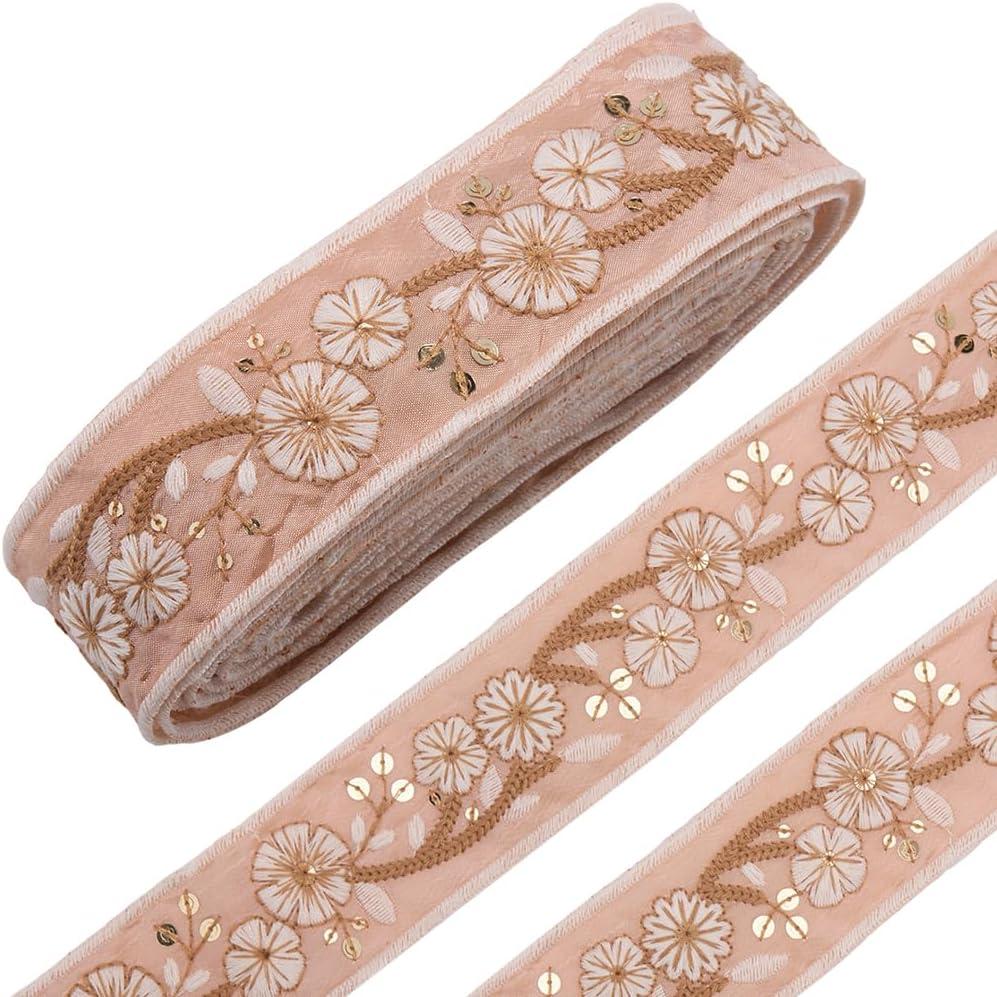 1.73 Inch Pink Floral Embroidery Trim Tape Sequin Bead Jacquard Ribbon Flower Boho Embroidered Woven Fabric Applique Ribbons for Sewing Making Crafts Clothes Christmas Bridal Costume dresses