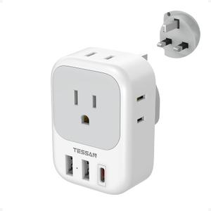 US to UK Plug Adapter PD 20W, TESSAN Type G Travel Converter with 3 USB Charger(1 USB C Port), 4 Outlets Power Adaptor for USA to Qatar Ireland Hong Kong England Scotland Kenya Dubai London British