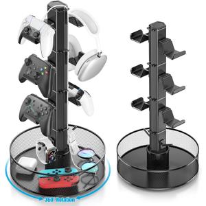 Rotatable Gaming Controller Holder with Basket for Desk, Controller Stand for PS5/PS4/Xbox/Switch/PC Accessories, Holder with Cable Organizer, 4 Tiers Black