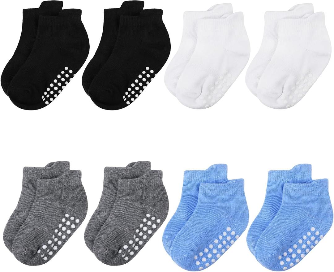 Baby and Toddler Socks,Soft Cotton Non-Slip Ankle Socks for New Born,Boys and Girls (8-10 Years, 8 Pairs-black/White/Gray/Blue)