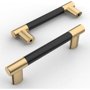 Amerdeco 10 Pack Matte Black and Gold Knurled Cabinet Pulls 3.75 Inch Hole Center Kitchen Cabinet Handles for Drawer Cupboard and Wardrobe ZH0038…