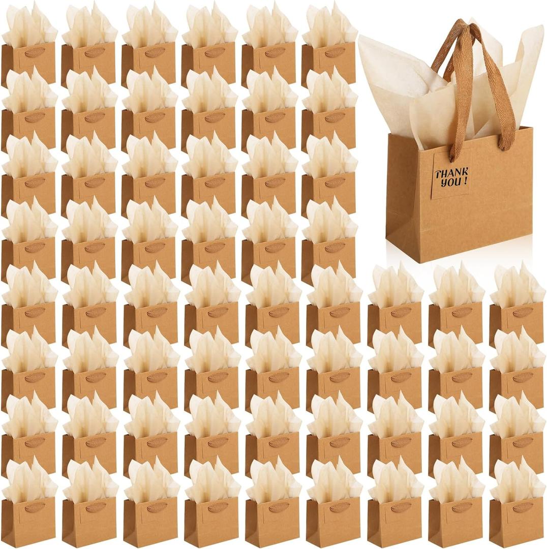 Qilery 50 Pcs Mini Paper Gift Bags Bulk with Tissue Paper Small Gift Bags with Handle and Tags for Birthday Wedding Back to School Summer Party Business (Brown, 4.7 x 2.4 x 3.9'')