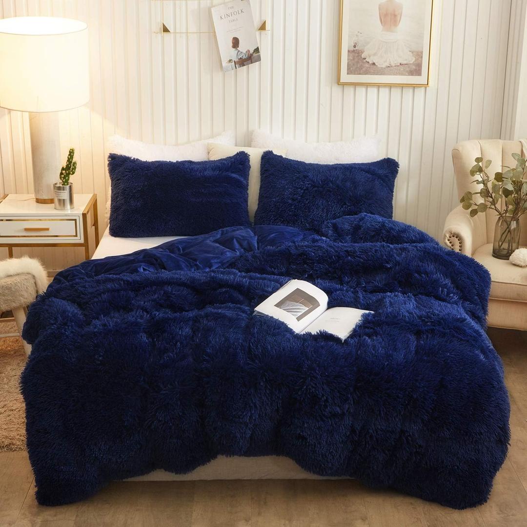 XeGe Plush Shaggy Duvet Cover Set, Luxury Ultra Soft Crystal Velvet Fluffy Bedding Sets 3 Pieces(1 Furry Faux Fur Comforter Cover + 2 Fuzzy Faux Fur Pillowcases), Zipper Closure(King, Navy Blue)