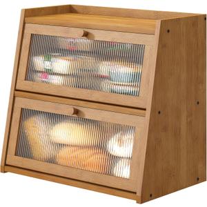 viewcare Extra Large Bread Box, Double Layer Bread Box for Kitchen Counter, Bamboo Wood Large Capacity Bread Storage Bin with Acrylic Wavy Door Panel (Brown)