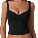 QINSEN Women's V Neck Tank Tops Double Lined Adjustable Strap Camisole Shirt (Black) S
