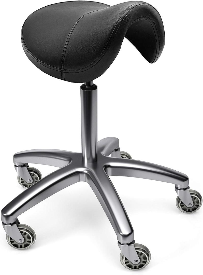 TASALON Saddle Stool - Ergonomic Saddle Chair - Comfortable Saddle Stool with Wheels - Swivel Salon Cutting Stool for Kitchen, Salon, Spa, Tattoo, Pedicure, Massage -Esthetician Chair Black, 17" x 16" x 7"