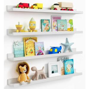 Forbena 36 Inch Floating Shelves for Wall 4-Pack, Large Nursery Book Shelves Bookshelf for Kids Bedroom, Long Picture Ledge Shelf with Lip for Living Room Photo Frames Art Display (White Solid Wood)