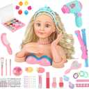 Hair Styling Doll Head Makeup Kit Girls Toys,Pretend Play Hair Salon Toy With Real Cosmetics Nail Polish,Hairdryer Curling Iron Hair Accessories Beauty Stylist Kit Girl Gifts 3 4 5 6+ Years Old