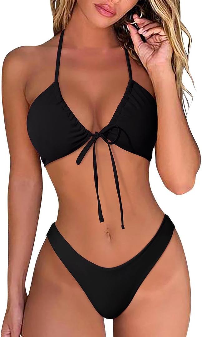 OMKAGI Women Sexy Thong Bikini Swimsuit Set Push Up String Brazilian Bathing Suits (Small, Black)