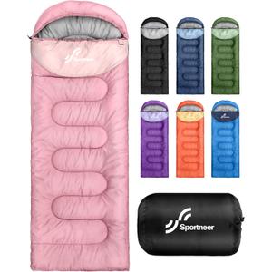 Sportneer Sleeping Bag for Adults & Kids, Cold Weather & Warm Waterproof Camping Sleeping Bag, Compact Portable for Camping Hiking & Travel (3.3lbs, 50-80, Pink)