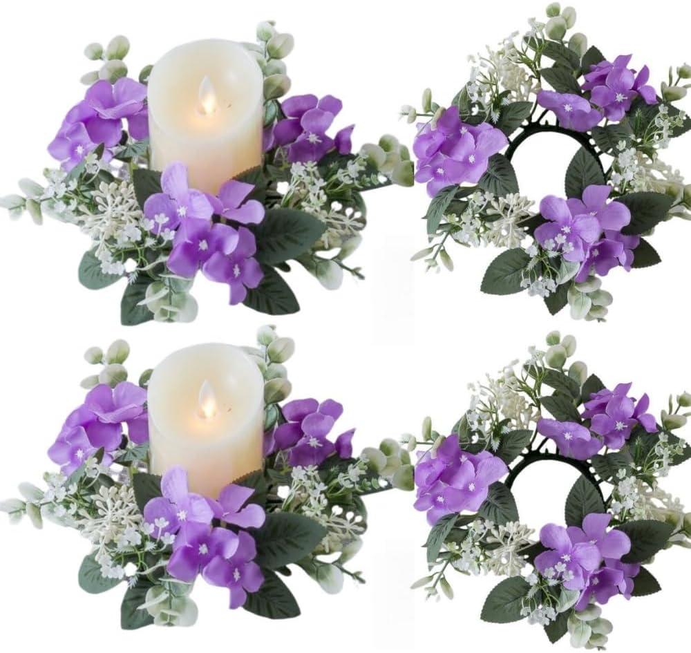 2 Pcs Candle Rings Artificial Hydrangea Eucalyptus Wreaths Small Boho Wreath Pillar Candle Holder for Summer Farmhouse Wedding Home Door Tabletop Cabinet Decoration (Purple)
