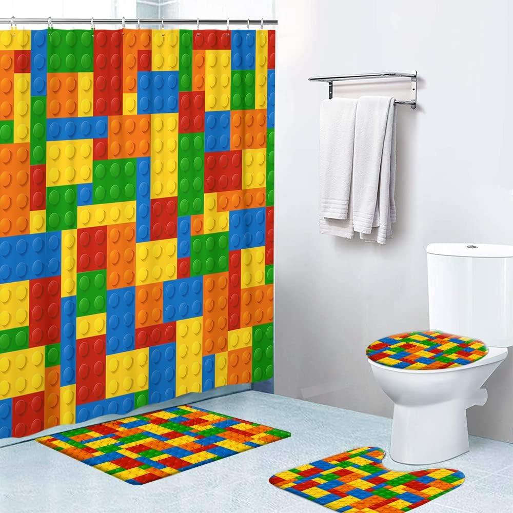 LOKMU 4 Pcs Shower Curtain Sets with Non-Slip Rugs,Toilet Lid Cover and Bath Mat,Colorful Blocks Waterproof Shower Curtain with 12 Hooks, Bathroom Decor Sets, 72"x 72"