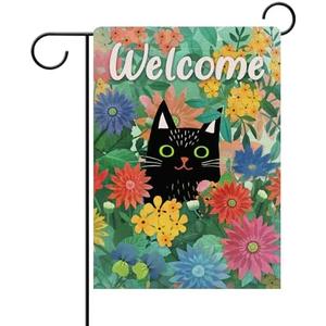 Dyrenson Welcome Spring Black Cat Decorative Garden Flag, Kitty House Yard Lawn Daisy Pansy Red Blue Flower Floral Outside Decoration, Summer Seasonal Farmhouse Outdoor Small Burlap Porch Decor 12x18 2 Pack