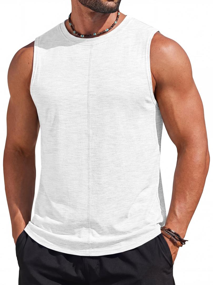 Runcati Men's Workout Tank Tops Sleeveless Athletic Gym Muscle Shirt Casual Basic Summer Fitness Tees White