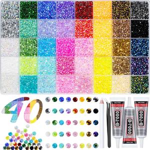 40000+Pcs Resin Jelly Rhinestones for Bedazzling, 3mm Multicolor Flat Back Gems Bedazzler Kit with 3Pcs 10ml B7000 Jewelry Glue, Colorful Bulk Jewels for Book Shoes Crafts Tumblers Nail Art DIY