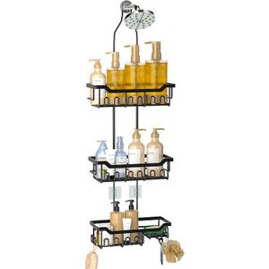 Adjustable Shower Caddy Hanging, Extended Length Organizer Over Shower Head, 3 Tier Long Neck Shower Rack with Soap Holder for Large Storage, Black