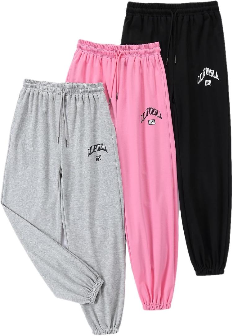 EXARUS 3 Pack Girls Sweatpants Joggers Teen Sweat Pants Wide Leg | Tween Baggy Casual Preppy Pockets High Rise Elastic Waist School Sports Trendy Clothes Kids Youth Junior 6-14Y
